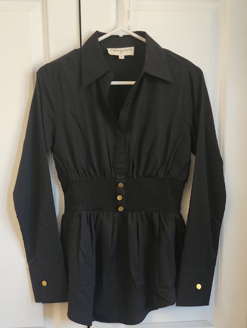 Smocked-Waist Black Button-Front Shirt with Gold Accents- Never Worn